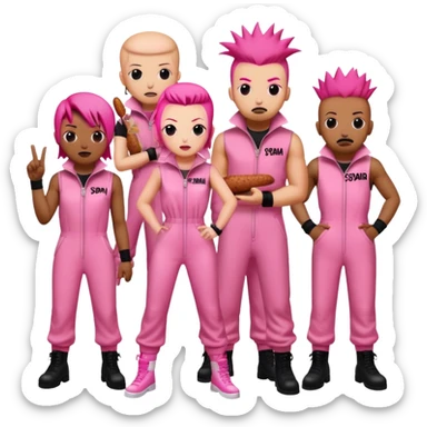 punk artists in pink jumpsuits protesting for spam meat is art sticker