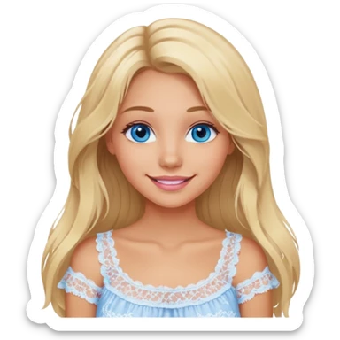 create an emoji of a young woman, tanned face, smile. she has an innocent natural look, very messy extremely long blonde hair, blueeyes, natural soft pink lips. she wears a very loose very white lacy top sticker