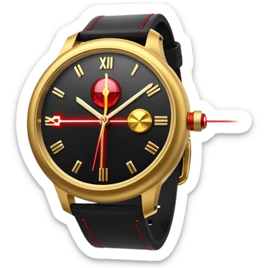 3D render of Laser Watch, secret agent spy gear aesthetic, hidden mechanisms, gold luxury wristwatch emitting a tiny red laser beam, sleek tactical texture, Apple emoji style, isolated on white background --v 6.0. sticker