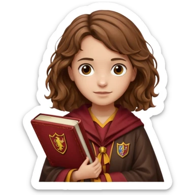Illustrate Hermione Granger with wavy brown hair, Gryffindor robe & holding a book or wand sticker