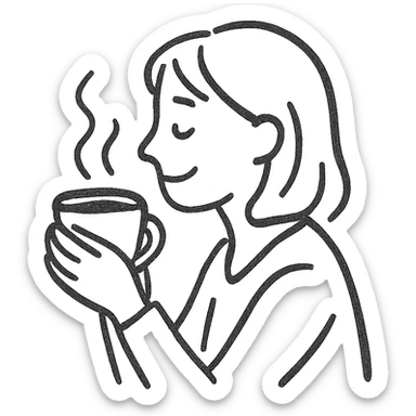 hand-drawn pen sketch emoji of a woman in side view, enjoying coffee, smiling softly, holding a steaming cup with both hands, minimal color or just black lines, simple and casual, relaxed, cozy atmosphere, clear facial expression sticker