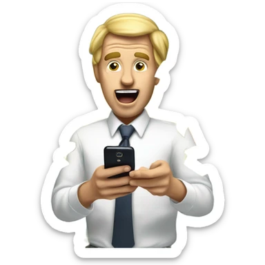 A crazy man with dollar bills flying around him while he purchases cryptocurrency on his phone sticker