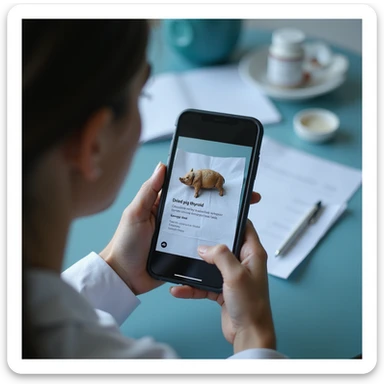 woman photographing the medical prescription with her smartphone, 'Dried pig thyroid' clearly visible on the screen, modern clinical environment, hyperrealistic 4K sticker