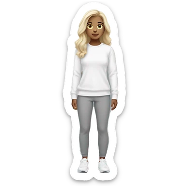white raced, blonde hair with middle part, girl, long sleeve white lululemon shirt,  grey sweat pants  sticker