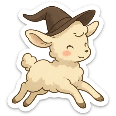 soft vanilla cloud doe with rosy cheeks, floating gracefully like a witch, social media brand mascot, Ghibli style sticker