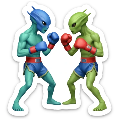 two aliens boxing in a fight stance, facing each other with raised gloves, dynamic action pose, intense expressions, sci-fi arena vibe, 3D cartoon style, mobile game icon style, clean background, no text, no watermark
 sticker