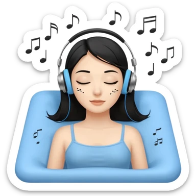 A stylized young woman with black hair lying on a massage table, relaxed, wearing headphones, small musical notes around the head. Flat vector style, thick black outline, simple palette (warm beige-brown tones + accent blue), clean background, high legibility at small size. 72x72, square, vector. sticker