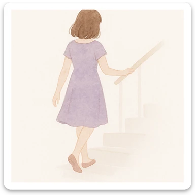 soft watercolor illustration in a minimalist modern style, a girl in a purple dress walking downstairs viewed from behind, pastel colors, delicate linework, gentle whimsical mood, minimal soft shading sticker