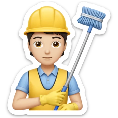 Custodian with yellow rubber gloves, mop sticker