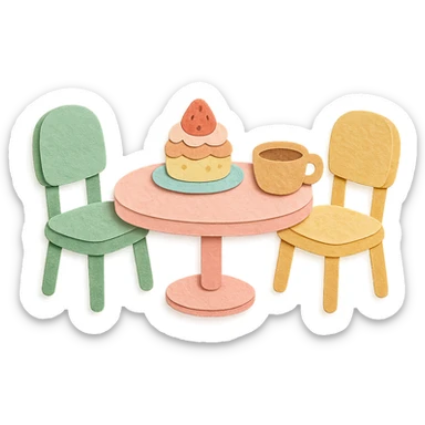kawaii coffee shop table and chairs set with dessert and coffee, soft pastel hand-drawn illustration sticker