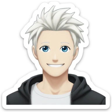gojo satoru from jujutsu kaisen with white manga hair style, blue sky eyes and wear a black tight tshirt smiling sticker