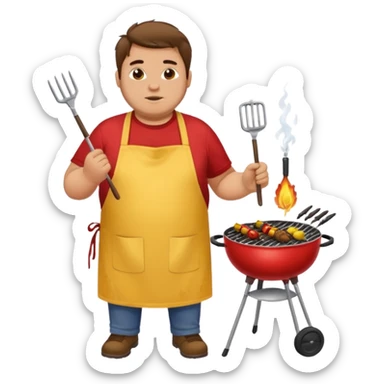 chubby man messy hair and dirty yellow shirt and a red apron grilling bbq and skewers on a sizzling grill sticker