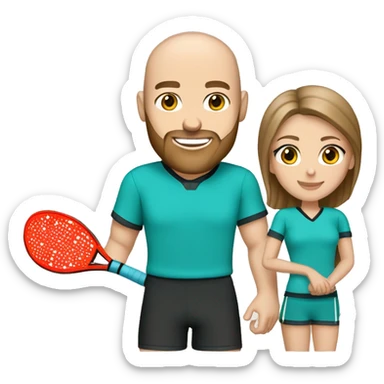 beautiful couple. woman, straight light brown hair, aqua eyes.  male, handsome, bald, beard, aqua eyes. Pickleball clothes  sticker