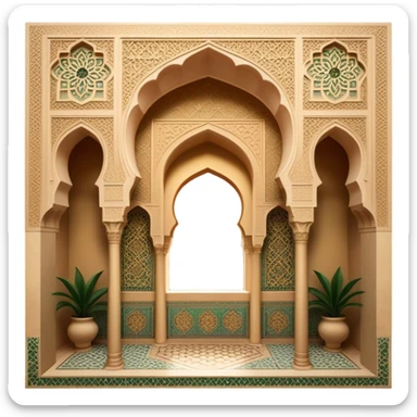Alhambra – Cinematic Realistic Alhambra, depicted as a majestic Moorish palace with intricately carved arches, lush courtyards, and detailed tile work, bathed in soft golden light and dynamic shadows that highlight its opulent historical beauty. sticker