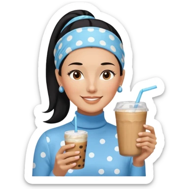  tan skin woman with long face, and very short black hair slicked back ponytail with forehead showing, with polka dot headband, wearing solid light blue turtleneck shirt, drinking iced coffee, smiling with middle parted hair sticker