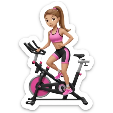 Light skin girl with long light brown hair in a pony tail, black workout set leaning on a indoor spin bike with NO HELMET, can we add a pink sports bra  sticker