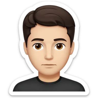 He’s a man with light to medium skin, a defined oval face, full brows, deep-set eyes, and wavy short dark brown hair styled with height, sides are trimmed. expression calm and focused relaxed black open-collar .polished, articulate, and trainer vibe. sticker