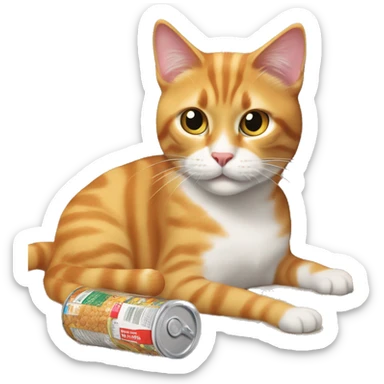 The cat ate his fill and lies contentedly among the packages of pet food sticker