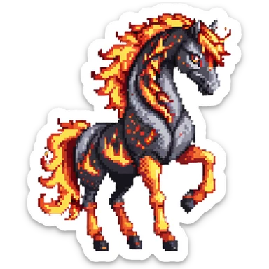 A red fire horse made of embers and magma, with visible lava flowing through its body, flames burning off its mane and tail, and ash particles surrounding it sticker