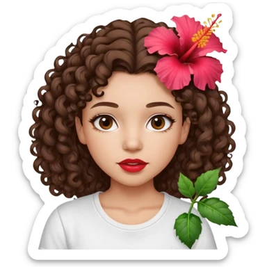 A brunette girl turned to the left side with curly hair with a hibiscus on her hair on her lips she has a brown pencil outline with gloss over it with a white t-shirt  sticker