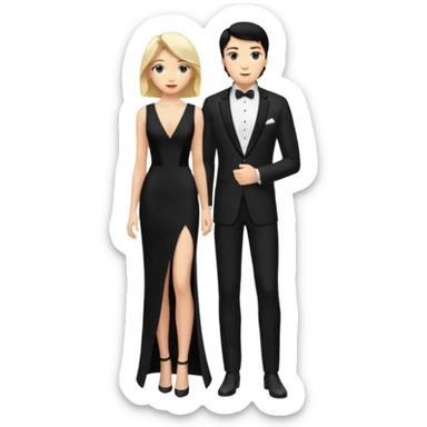 Blonde woman, black, Long, tight, sleveless Dress, Slot left Leg, man, black Hair, in Dinner jacket sticker