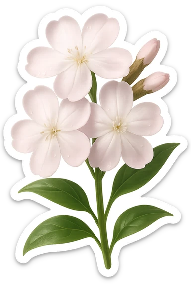 Create 3D iOS-style realistic soapwort (Saponaria) flowers with delicate pale pink petals, green stems and leaves, soft lighting, and a glossy effect. The image should have no background. Style: GPT Image. sticker