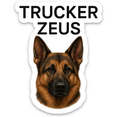 Make the German Shepherd dog more realistic, keep the words 'Trucker Zeus' over top, preserve the original style. Remove the background. The original style is a detailed illustration with text overlay. sticker