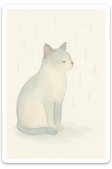 a cat sitting in the rain, watercolor style, delicate brush strokes, soft colors, wet environment sticker