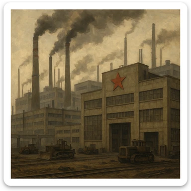 Soviet heavy equipment plant, industrial, smokestacks, red star, utilitarian architecture, industrial landscape sticker