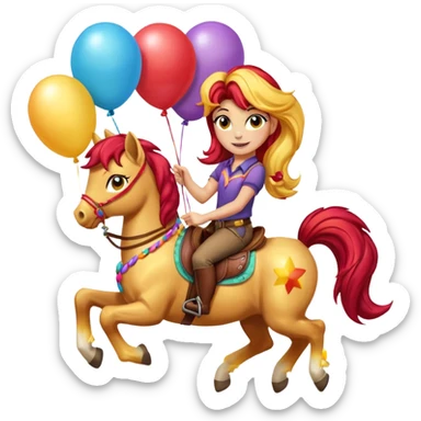 sunset shimmer mlp holding colorful balloons tied to its saddle, looking cheerful. sticker