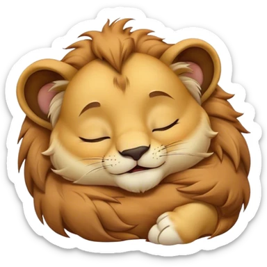 Meme-Worthy Cute Sleeping Lion Cub Portrait Emoji, Head resting peacefully with a contented smile, showcasing a robust build and a luxuriously soft tawny Fur with a flowing mane, eyes shut in a serene, restful nap, Simplified yet hilariously adorable features, highly detailed, glowing with a soft, drowsy light, high shine, relaxed and utterly lovable, stylized with an air of playful laziness, bright and heartwarming, soft glowing outline, capturing the essence of a comically sleepy Lion Cub, so meme-worthy it feels like it could instantly become the next viral sensation of adorable slumber! sticker