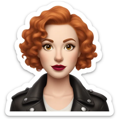 Woman with very pale skin, true red curly short hair with a side part, heavy cat-eye makeup, long eyelashes, bright pink blush and lipstick.  Her eyebrows are dark, arched and very high.  Hazel eyes. Big lips. Thin. Wearing a leather jacket  sticker