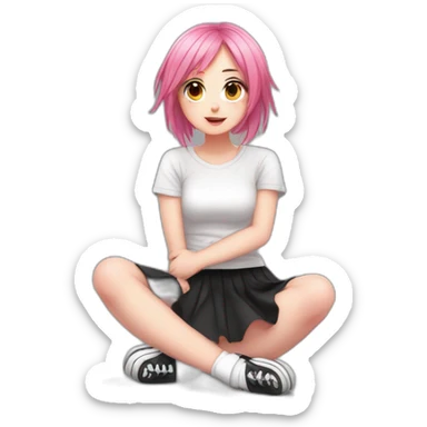 Full body Front view curvy emo girl pink hair sits on the floor straight view hands up black skirt белые трусики sticker