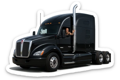Modern black Kenworth W680 semi sleeper, chrome stack, person in the cab with arm out the window, crisp and professional, transparent background sticker