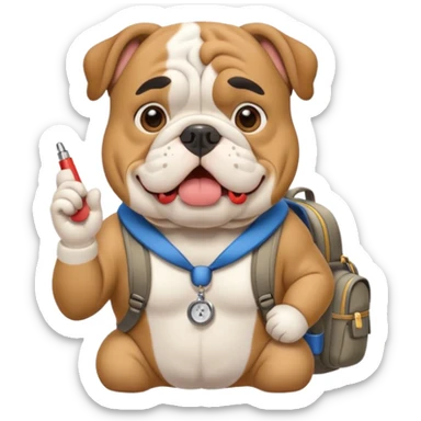 english bulldog tour guide with a whistle and backpack sticker
