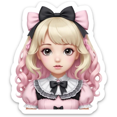 pale girl , who has curly medium length blonde and baby pink and black swirled hair with bangs , grey eyes , and doll like makeup , in a light pink with black lolita hime gyaru dress with a large black bow sticker