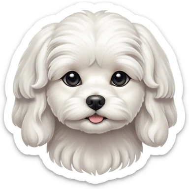 Cinematic Noble Wavy-Haired Maltese dog Portrait Emoji, Poised and regal, with a delicate, compact build and a pristine, wavy-haired white coat that cascades in gentle curls, deep-set soulful dark eyes, Simplified yet sharp and sophisticated features, highly detailed, glowing with a soft, dignified glow, high shine, intelligent and gentle, stylized with an air of refinement, focused and attentive, soft glowing outline, capturing the essence of a watchful and graceful companion, so majestic it feels as though it could prance out of the screen with effortless authority! sticker