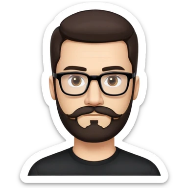 Caucasian male, medium neck-length hair straight dark brown hair combed back, thick dark eyebrows, rectangular black eyeglasses, full beard and mustache neatly groomed, neutral facial expression, wearing a black crew neck shirt. sticker