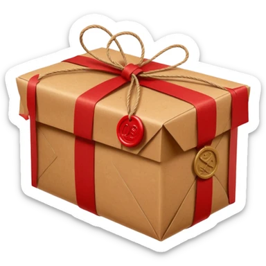 parcel wrapped in brown kraft paper, tied with string, red wax seal sticker
