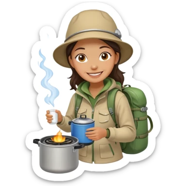 A woman camper boiling water on a portable stove, enjoying the outdoor sticker