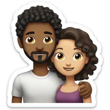 girl with light skin, hazel eyes and black straight hair hugging a boy with fair skin, medium curly hair that is light brown and a tiny mustache and goatee sticker