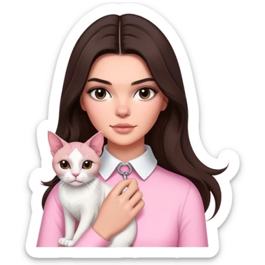 brunette Kendall Jenner with long hair holding a Sphynx cat and a white cat wear on pink collar sticker