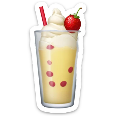 A drink served in a tall tumbler glass. It has a little grenadine at the base, white wine in the rest of the glass and white ice cream on the top of the glass. It has a red straw. No decoration. sticker