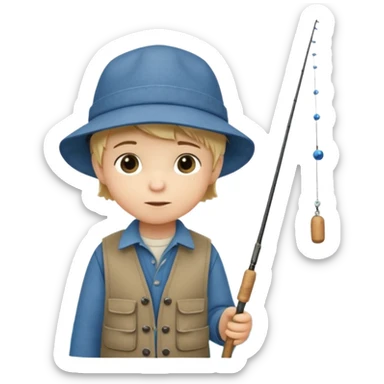 Little boy on the dock fishing, felt texture, scrapbooking, precious moments style character sticker