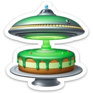 really big ufo flying higher and stealing in a green light very small little cake  sticker