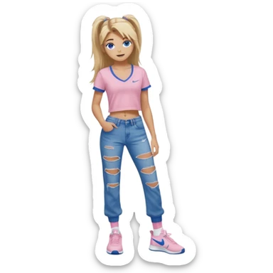 preppy teenage girl, blue eyes, tan, less blonde highlights, brown long hair, wearing ripped blue very long and very baggy jeans with a light pink sexy revealing very low neck crop top, wearing Nike shoes with Nike socks, very sexy, really really long eyelashes, very pretty sticker