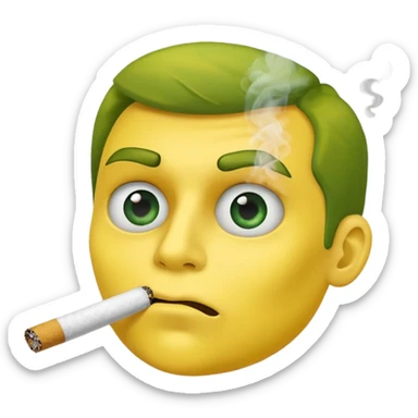 Hazme una carita amarilla aturdida con un cigarro en la boca soltando humo, el cigarro es de papel de liar y dentro está relleno de un tabaco verde sticker