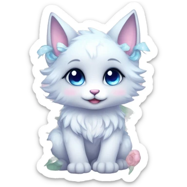 Anthro Cute Cool Blushing Pastel Innocent Shy Kawaii gorgeous sparkly ethereal fantasy animal creature with blue eyes furry sona with flowers and ribbons beautiful aesthetic sticker