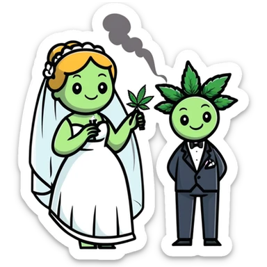 Full body view of person in fancy clothes sneaking into a wedding ceremony with a mischievous grin, uninvited guest, smoking cannabis sticker