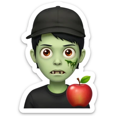 Green zombie, black hair, designer cap turned to the left, black shirt. Apple iOS style. sticker